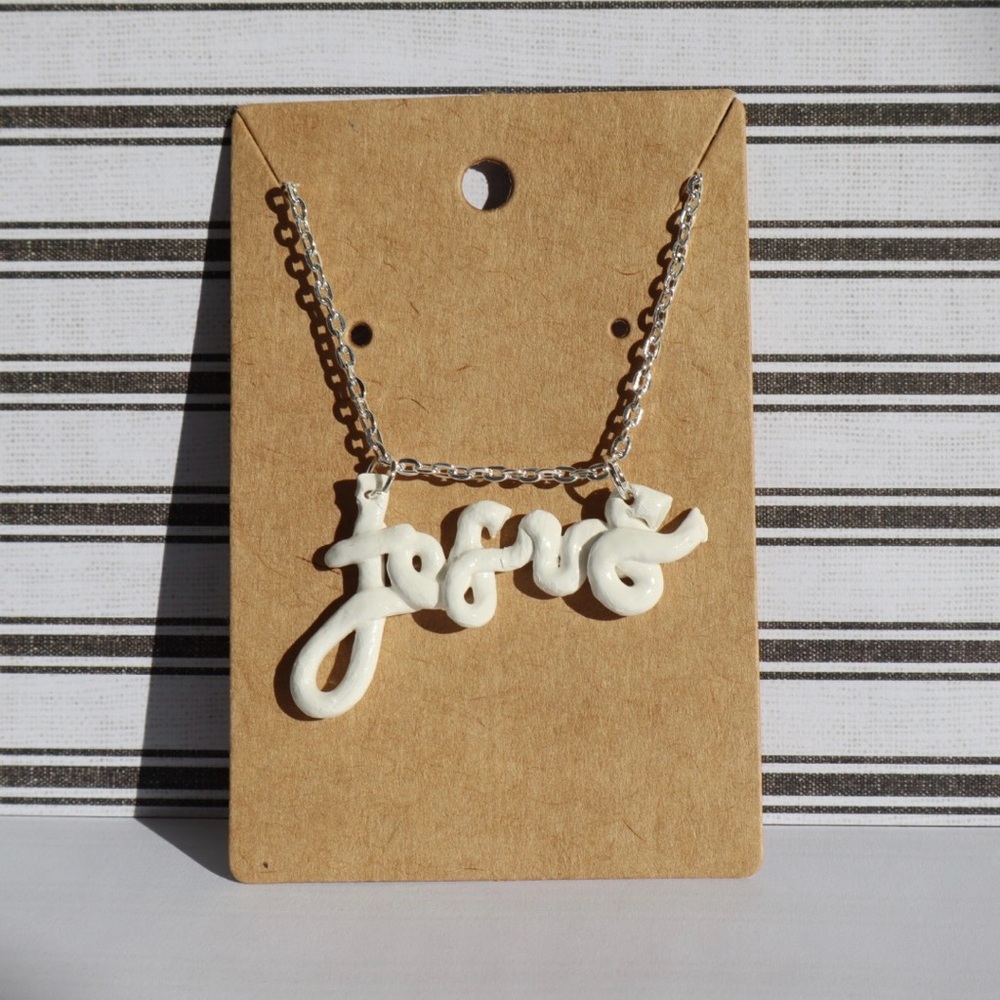 Jesus Necklace Written Cursive Letter Silver Chain White Letters Clay Charm